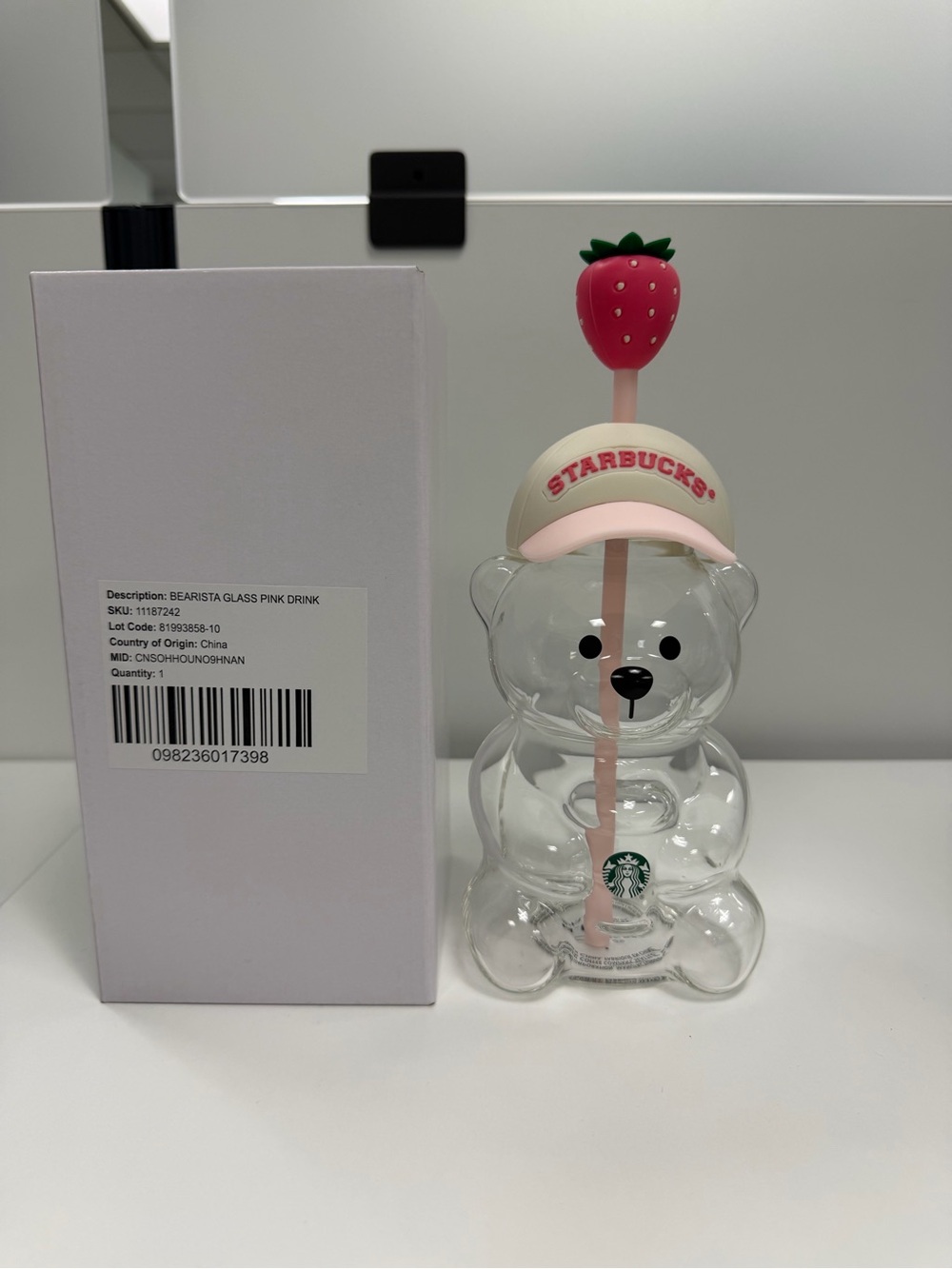 Starbucks Strawberry Bear Glass Cup with Pink Straw